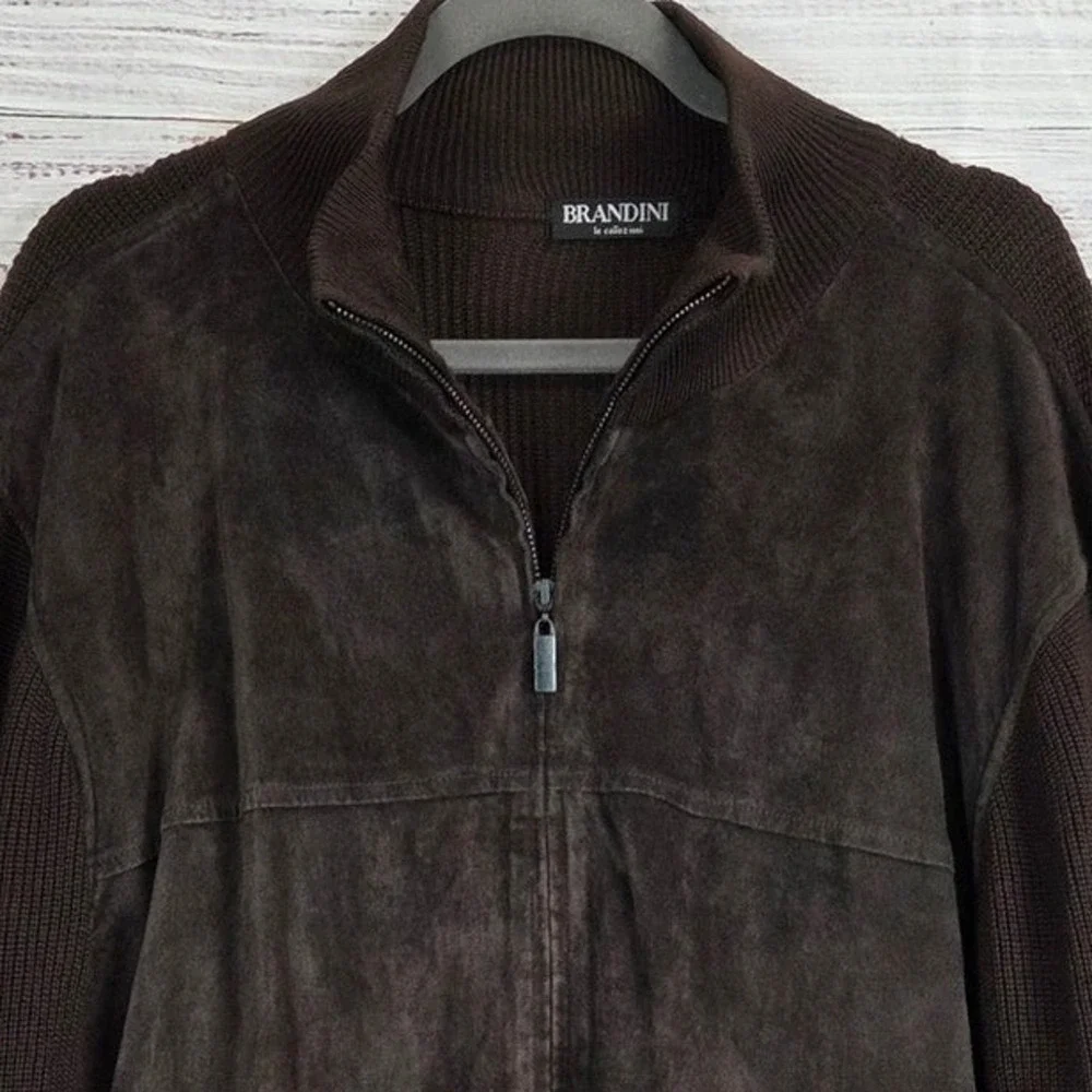 Brandini Men XL Expresso Brown Suede Leather Jacket Rib Knit Sleeves Trim Casual